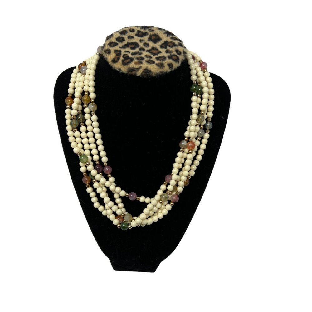 Vintage Necklace Beaded 5 Strand Off White Multicolor‎ Choker 17"